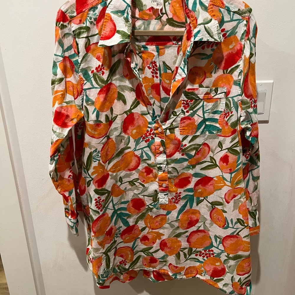 Violet Kay Fruit Print Cotton Tunic Top Oversized L Orange Green Boho